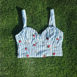 Maeve Blue and White Striped Crop Top with Embroidery